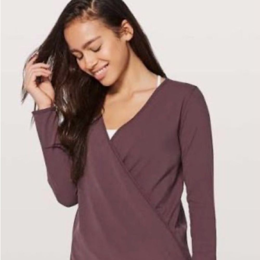 Athleta Deep Plum Wrap-Front Sweatshirt Sz M Deep V-Neckline Long Sleeves
